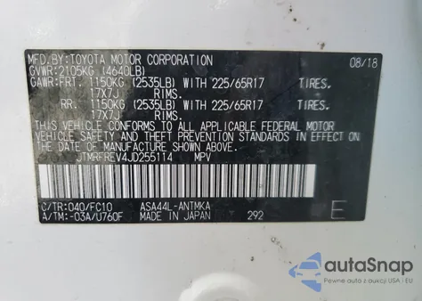 2018 Toyota Rav4 Adventure из США, поврежденный, VIN JTMRFREV4JD255114